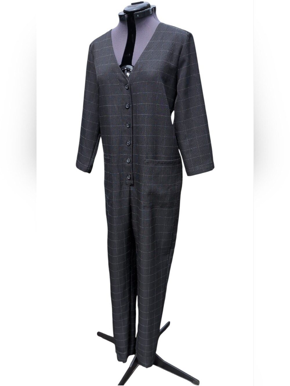 Mango Charcoal Windowpane Button-Front Jumpsuit